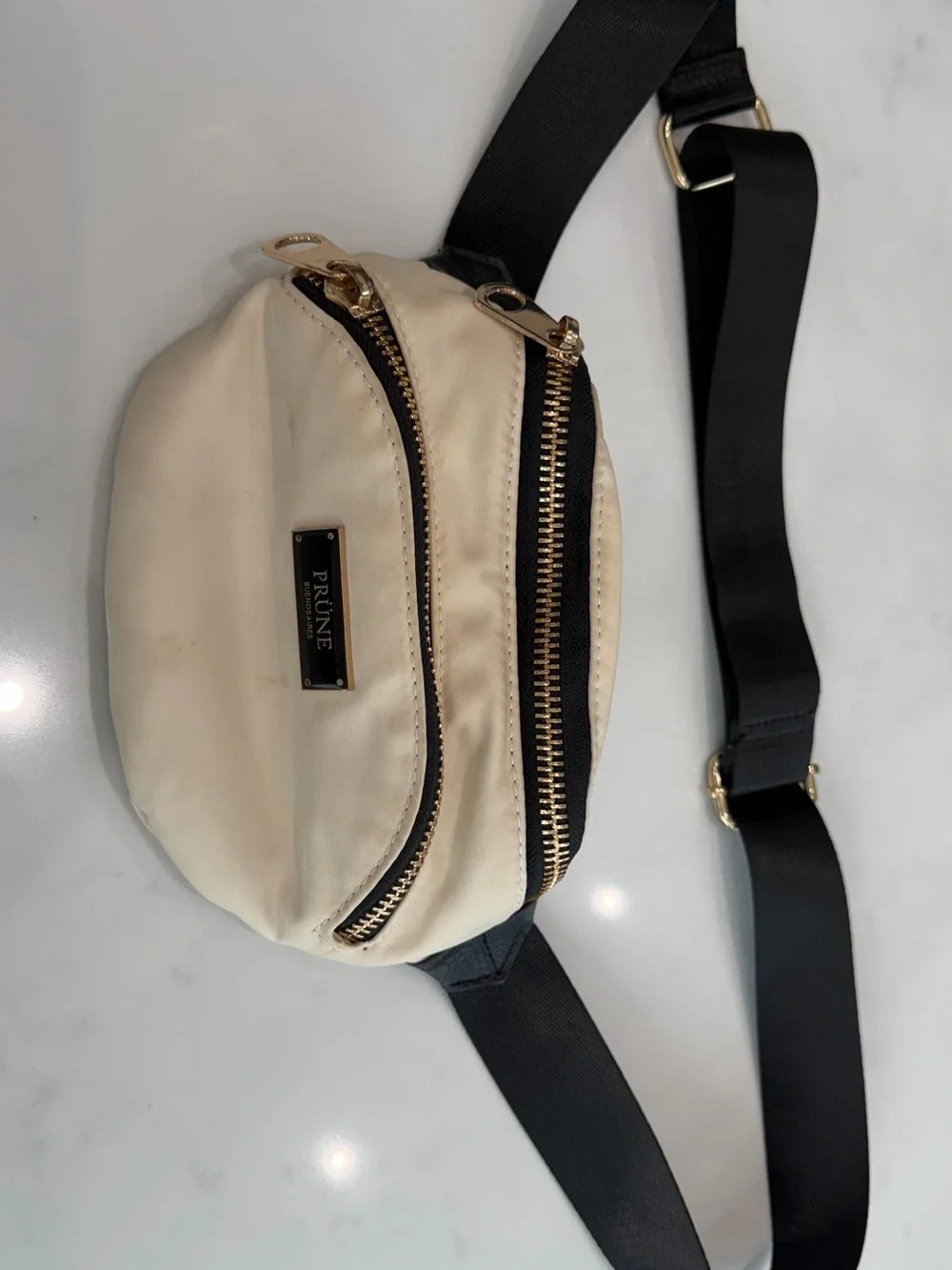 Prune Cream and Black Belt Bag with Gold Hardware